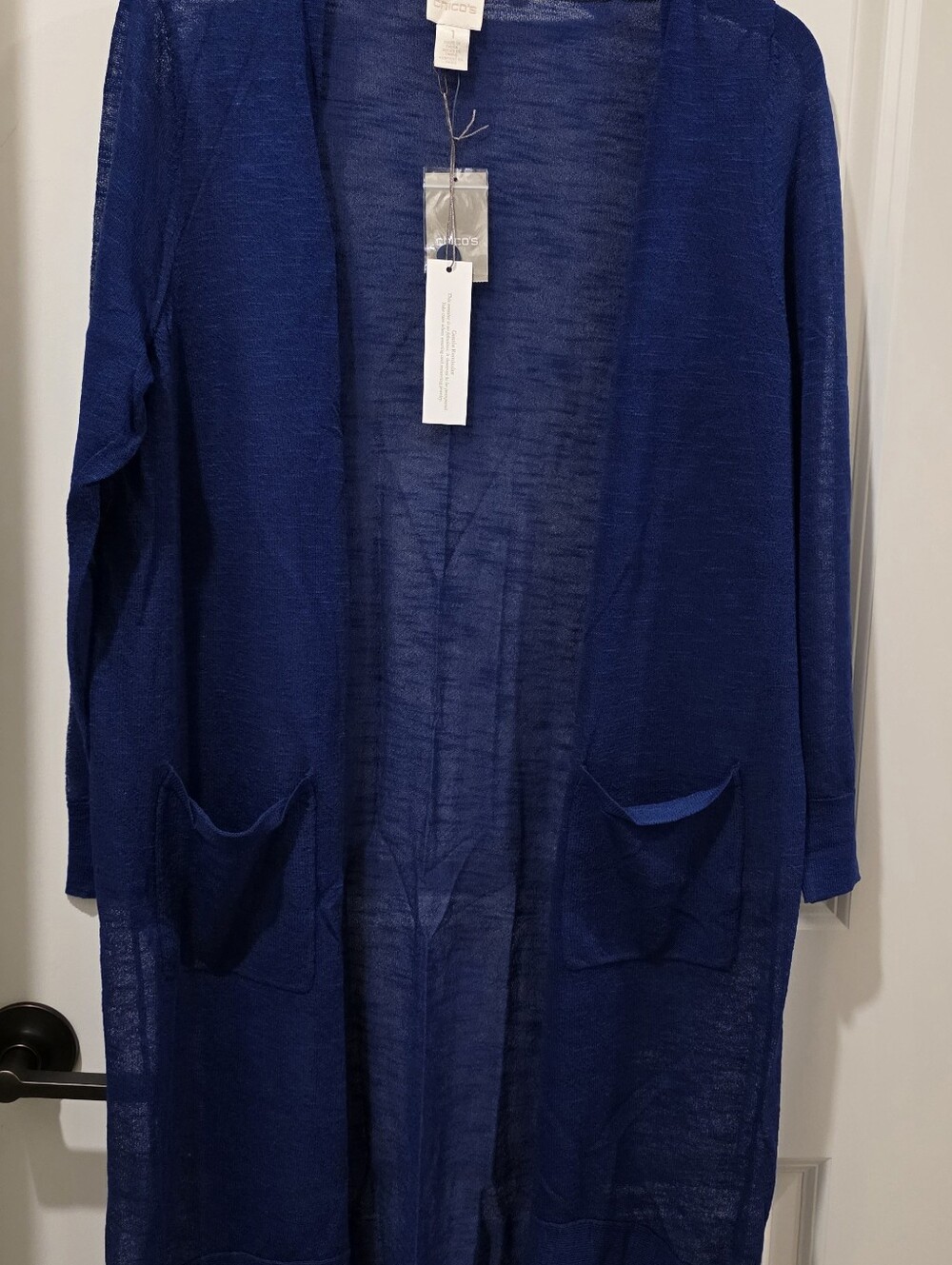 Chico's Open-Front/ Botton Down, Long Paulette Duster Sweater Royal Blue